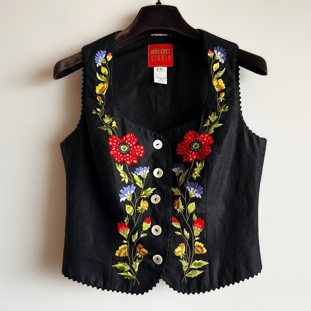 KENZO Black Linen Vest with Floral Embroidery Size 6, Vintage 1990s